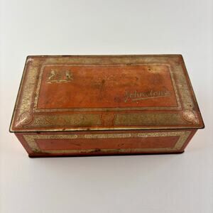 Vintage Johnston’s Candy Tin Decorative Metal Box Red Gold Advertising